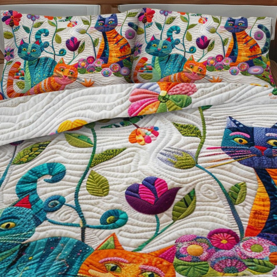 Floral Colorful Cats Artisan Quilt Artwork