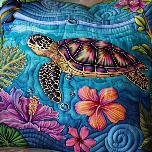 Hibiscus and Sea Turtle Artisan Quilt Artwork