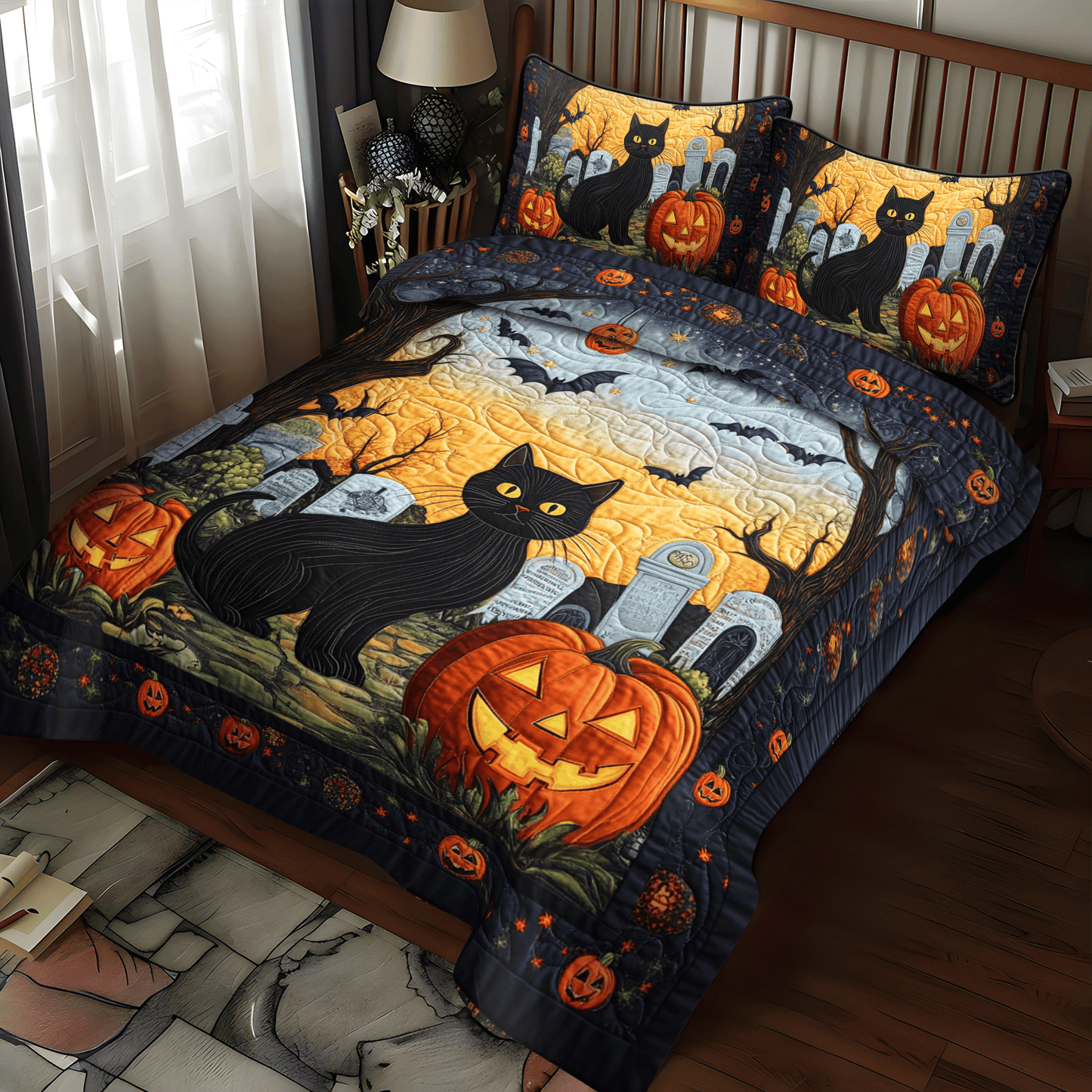 Spooky Cat Halloween Artisan Quilt Artwork