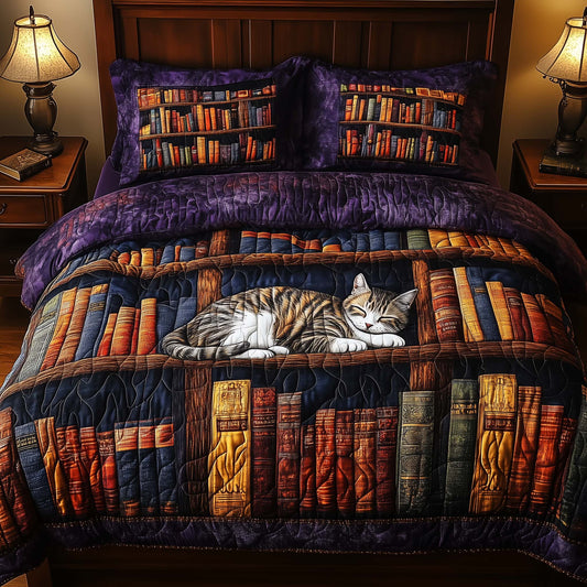 Vintage Cat Bookshelf Artisan Quilt Artwork